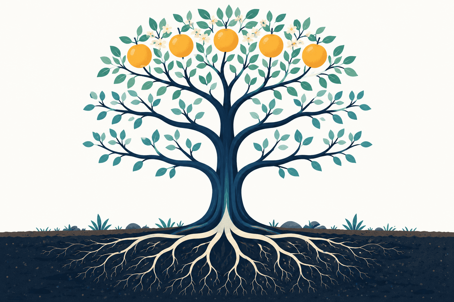 The AI Engagement Model as a formation tree. The surrounding conditions represent the co-production mechanism in which person, AI tool, task, and context shape the interaction. Roots represent dispositions, the trunk represents principles, branches represent eight observable engagement behaviors, and five fruits represent Learning, Judgment, Agency, Voice, and the carefully bounded long-run outcome of Flourishing.